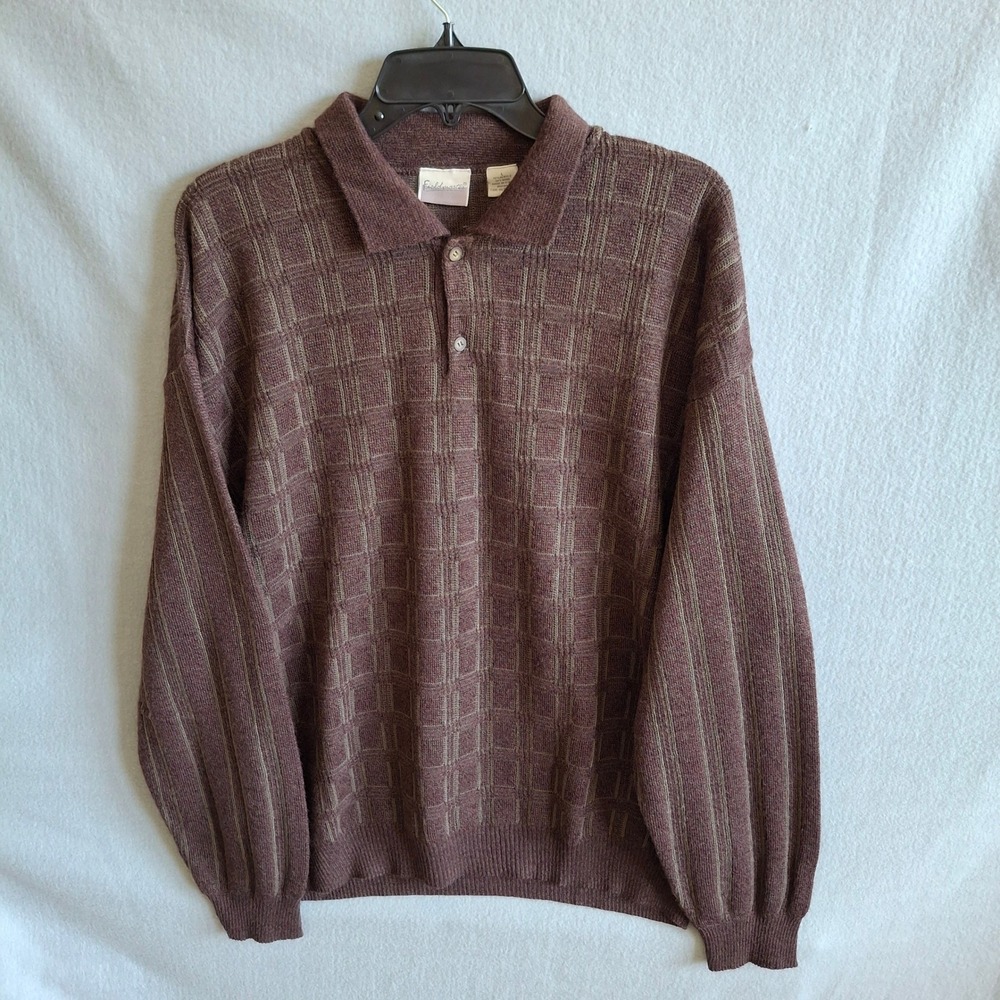 Fieldmaster Mens Large Wool Blend Knit Polo Sweater Brown Grid Made in Italy